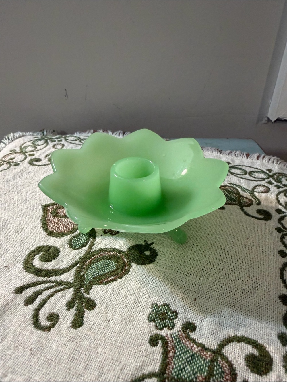 Vintage Fenton Jadeite Lotus Flower Candle Holder